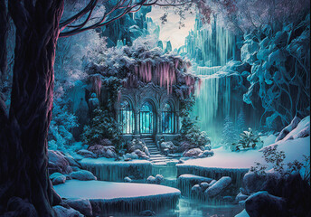 Ancient architecture palace building in a magic fantasy winter landscape