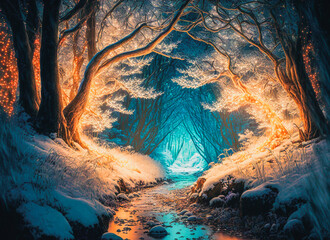 Pathway through old trees with magic lights in a fantasy winter forest landscape