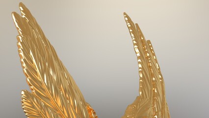 Overlapping metallic golden graduated wings under white-brown lighting background. Concept 3D CG of free activity, decision without regret and strategic action.
