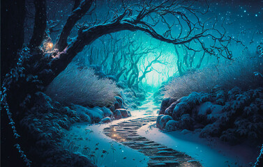 Pathway through old trees with magic lights in a fantasy winter forest landscape