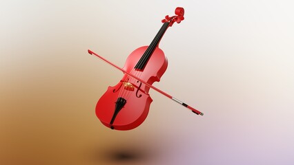 Pure red classic violin on black plate under spot lighting brown-white background. 3D sketch design and illustration. 3D high quality rendering.