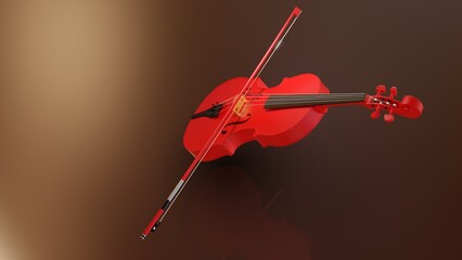 Pure red classic violin on black plate under spot lighting brown-white background. 3D sketch design and illustration. 3D high quality rendering.