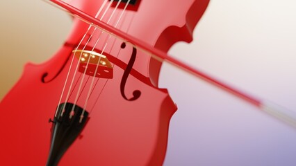 Pure red classic violin on black plate under spot lighting brown-white background. 3D sketch design and illustration. 3D high quality rendering.