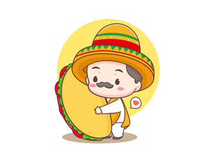 Tacos logo cartoon illustration. Cute chef wears sombrero hat holding tacos. Mexican traditional street food. Adorable Mexican chef. Vector art illustration