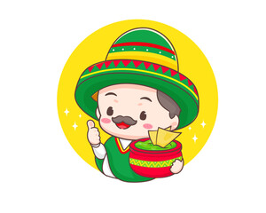 Cute Mexican chef with sombrero hat holding nachos and guacamole avocado sauce cartoon character. Guacamole icon logo illustration. Mexican traditional street food. Chef showing thumb up.