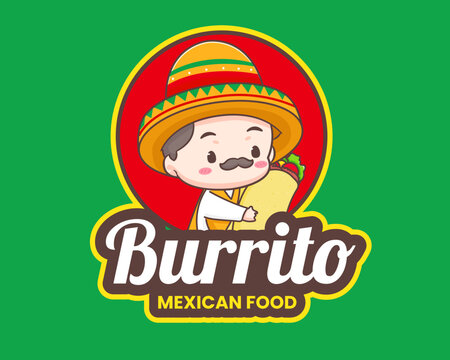 Cute Mexican chef with sombrero hat cartoon character. Burrito icon logo illustration. Mexican traditional street food. 