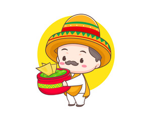 Cute Mexican chef with sombrero hat holding nachos and guacamole avocado sauce cartoon character. Guacamole icon logo illustration. Mexican traditional street food. 