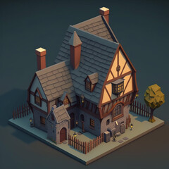 Cute isometric village medieval townhouse AI generated icon