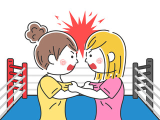 格闘技のリング上で、胸ぐらをつかみ合う、女性のイラスト