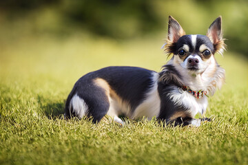little chihuahua dog lies on the green grass, generative AI