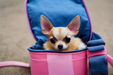 a small chihuahua dog sits in a small pink women's handbag, generative AI