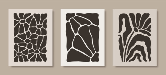 Abstract Naive Floral Groovy Posters Set. Modern Botanical Prints in Contemporary Minimalist Style. Vector Illustrations
