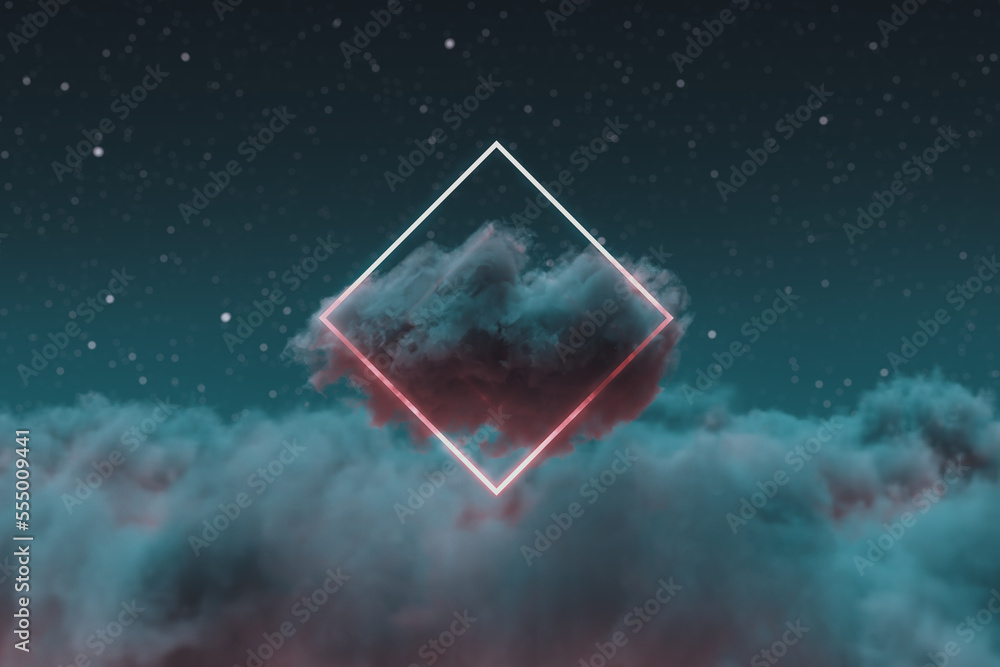 Aufkleber 3d rendering of neon rotated square shape above fluffy clouds