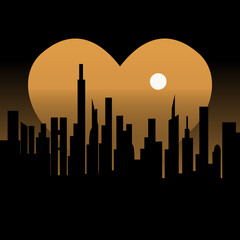 Illustration of a heart symbolizing love against a backdrop of cities and skyscrapers