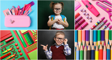 Collage with photos of cute children and different stationery. Back to school
