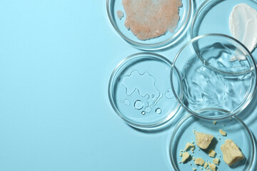 Many petri dishes with samples on light blue background, flat lay. Space for text