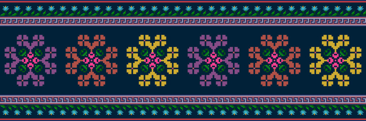 Fototapeta na wymiar Ikat pixel paisley ethnic seamless pattern decoration design. Aztec fabric carpet boho mandalas textile wallpaper. Tribal native motif ornaments African American folk traditional embroidery vector 