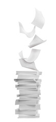 Sheets of paper falling onto stacked ones on white background