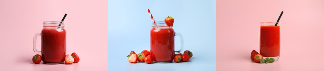 Collage with strawberry smoothie on pink and light blue backgrounds. Banner design