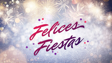 Felices Fiestas. Festive greeting card with happy holiday's wishes in Spanish on bright background