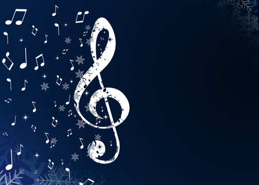 Christmas melody. Music notes and snowflakes on dark blue background, space for text. Illustration design