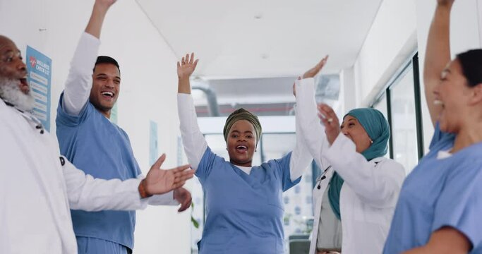 Doctors, hands together and team with support, motivation applause and high five for health. Solidarity, diversity and commitment with trust, happy and medical collaboration and medicine.