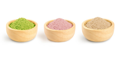 Set of fruity protein powder with herb powder in wooden bowl isolated on white background.