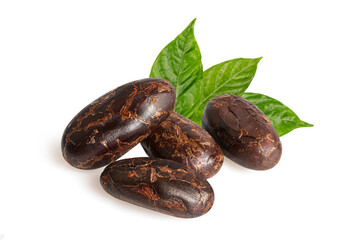  Close up ,Cocoa bean with leaves isolated on white background.