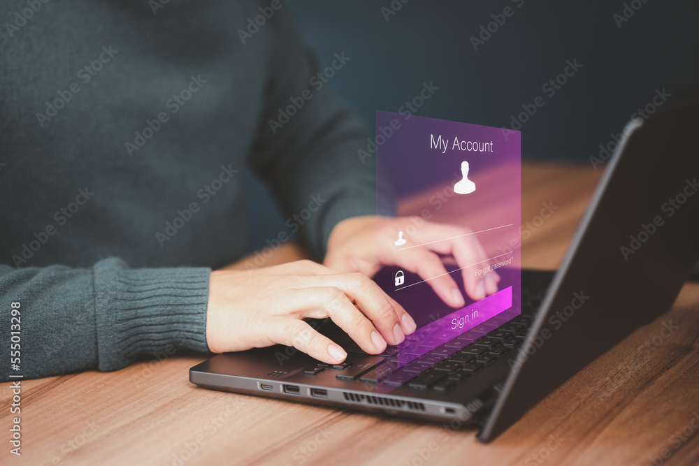 Poster Man protecting personal data on computer laptop and virtual interface. Cyber security concept to protect data. Sign in encryption and access to the user's private information to access the internet.