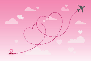 Vector love airplane route. Air plane flight route with start point and dash line trace. Romantic travel, heart dashed path isolated on transparent background.