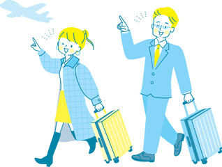 キャリーケースを持って旅行する男女のイラスト