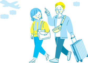 キャリーケースを持って旅行する男女のイラスト