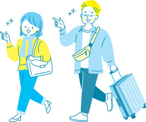 キャリーケースを持って旅行する男女のイラスト