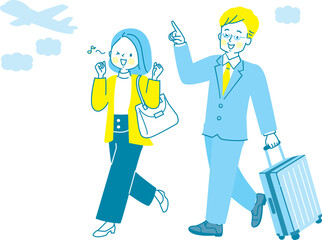 キャリーケースを持って旅行する男女のイラスト