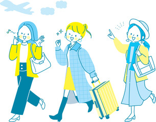 友達と旅行に行く3人の女性達のイラストセット