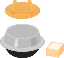 フタを開けた羽釜と升に入った米