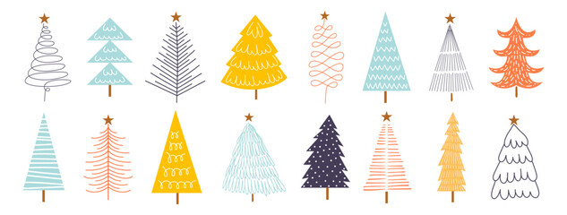 Fototapeta na wymiar Set Christmas trees hand draw vector. Beautiful and coloured trees, decorative set for greeting cards. Vector Illustration handmade.