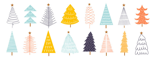 Set Christmas trees hand draw vector. Beautiful and coloured trees, decorative set for greeting cards.  Vector Illustration handmade.