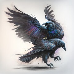 Ravens fighting color pencil drawing  illustration made with Generative AI