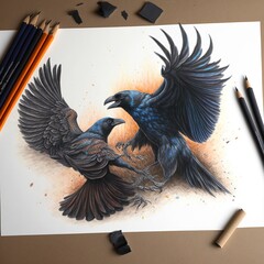 Ravens fighting color pencil drawing  illustration made with Generative AI