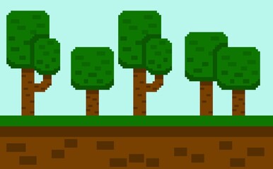 Pixel art forest with tree, soil and green grass, can be used for background or wallpaper	