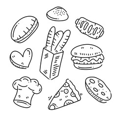 Vector bakery bread and cake doodle art set bundle for food and drink resources with line style