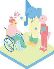 病院で医者に説明を受ける車椅子姿の男性の犬のアイソメイラスト