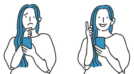 スマホを操作する女性の困った顔とわかった顔