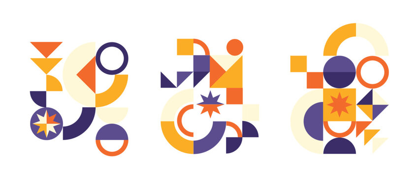 Set of geometric pattern element in mid-century style. Retro abstract collection of colorful circle, curve, star and triangle shapes. Modern trendy design for cover, business card, poster, wall art.