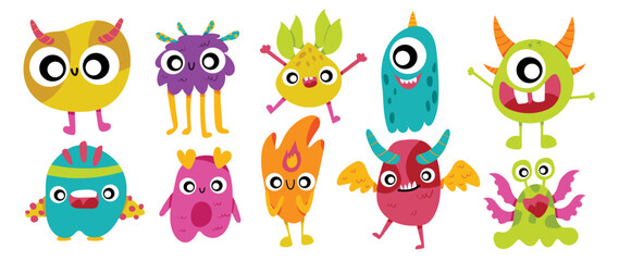 Cute and Kawaii monster kids icon set. Collection of cute cartoon monster in different playful characters. Funny devil, alien, demon and creature flat vector design for comic, education, presentation. - obrazy, fototapety, plakaty