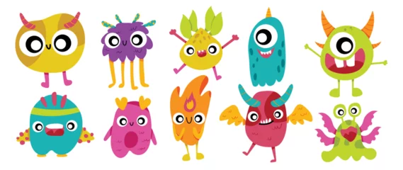 Muurstickers Monster Cute and Kawaii monster kids icon set. Collection of cute cartoon monster in different playful characters. Funny devil, alien, demon and creature flat vector design for comic, education, presentation.