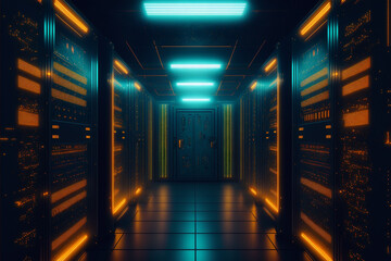 Fototapeta na wymiar Data center room servers with yellow glowing system storage and lights. Generative AI illustration