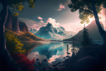Fototapeta na wymiar Stunning landscape with lake, mountain, and trees, lush vegetation with watercolor painting style. Generative AI illustration