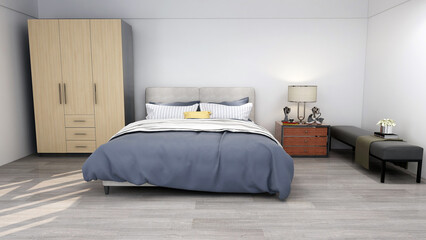 Modern bedroom with wooden floor and furniture . 3D rendering